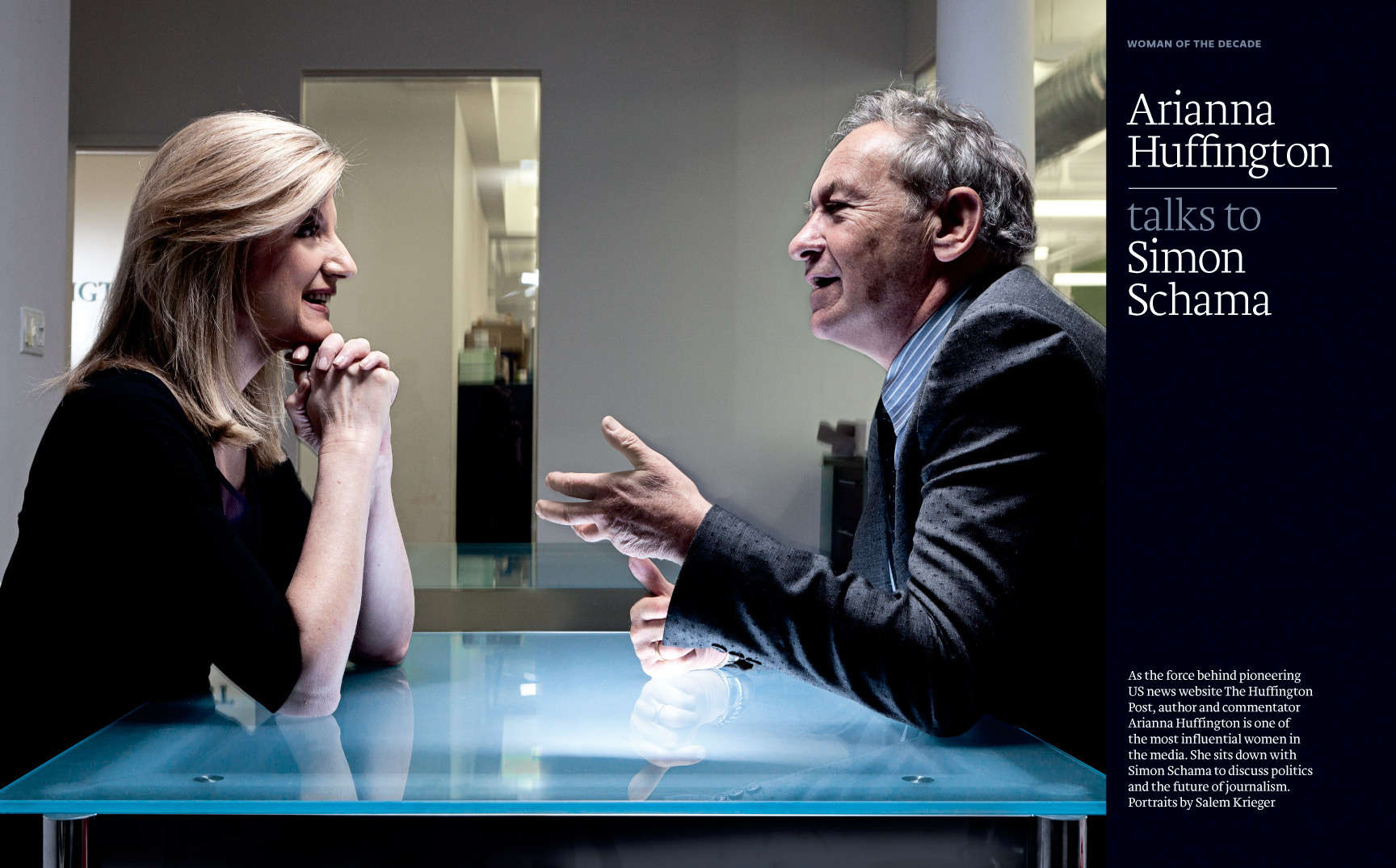 Arianna Huffington in conversation with art historian Simon Schama for FT Weekend Magazine, London-England : Portraits : New York City based photographer and video specializing in portrait corporate portraits, video, editorial stories for on location and architectural photography