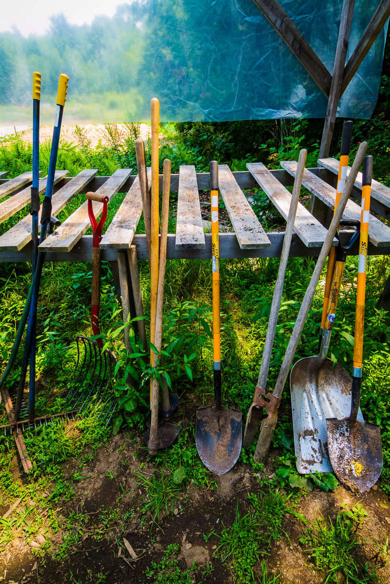 Farm tools at Seeds of Solidarity Organic Farm in Orange County, Massachusetts.