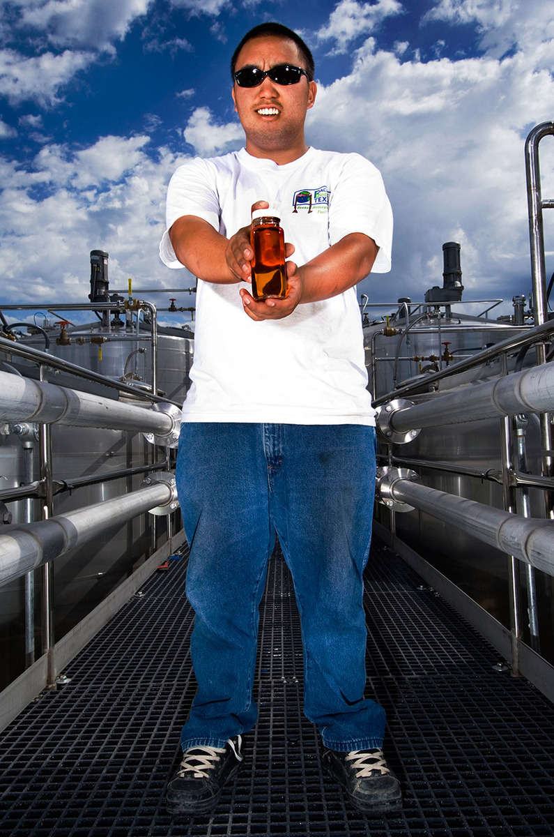 Bio-diesel fuel in Texas - Carl's Corner, Texas - processing  plant for bio-diesel fuel - sample of bio-diesel made from corn and soy in the glass jar