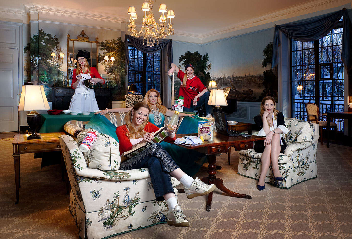 Diane Garnick portrayed in her various roles in life as a teen mother, Wall Street mover, Ballroom dancer, Baseball fan and Philanthropist photographed in the Soros Room, The International House at Columbia University, NYC. : Portraits : New York City portrait photographer