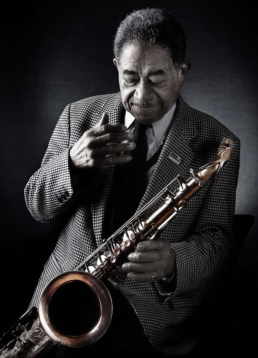 Jazz Legend Frank Wess musician known for his saxophone & flute arrangements. Photographed for Whole Foods Market mural, NYC. : Portraits : New York City based photographer and video specializing in portrait corporate portraits, video, editorial stories for on location and architectural photography