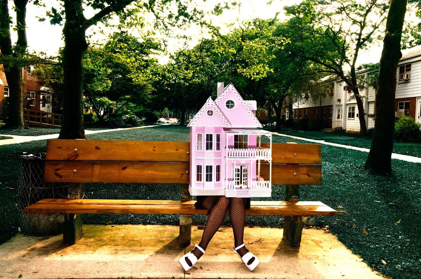 Raven Schlossberg, collage artist, NYC on park bench in Queens, NY. : Portraits : New York City portrait photographer
