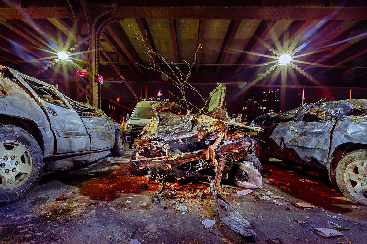 Concrete Landscapes a personal series re-examining what is meant by Landscape Photography.. the intersection of nature and man in an urban environment.  Car damaged from a building explosion in Harlem, NYC. : Concrete Landscapes : New York City portrait photographer