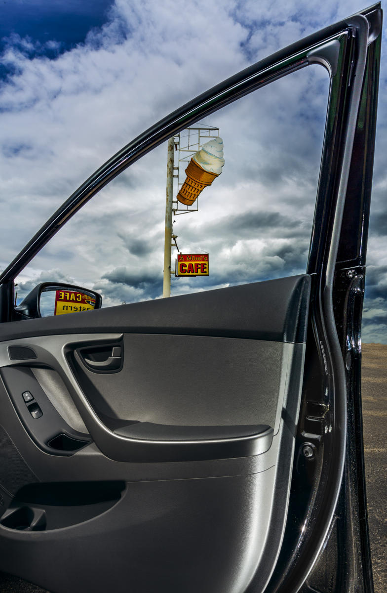 The rental car door during my journey to visit my mom, became  an entrance or framing for as visual narratives.  In the USA so many people drive and cars become an extension of us.  Our view of the country is on display through the inner world of the automobile. It is a constant drive inn theater.