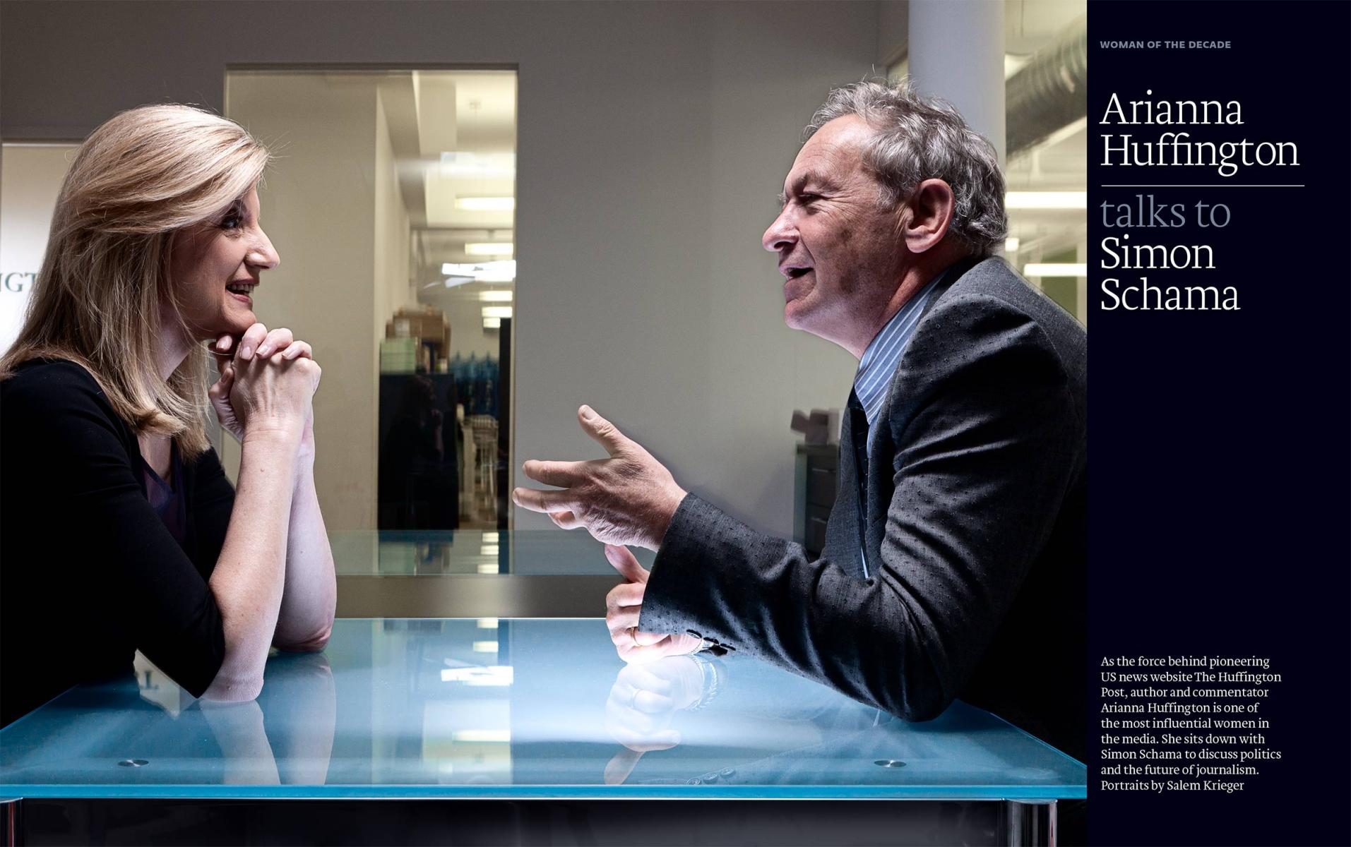 Arianna Huffington interview with art historian Simon Schama for The Financial Times of London weekend magazine. : Corporate Portraits : New York City based photographer and video specializing in portrait corporate portraits, video, editorial stories for on location and architectural photography