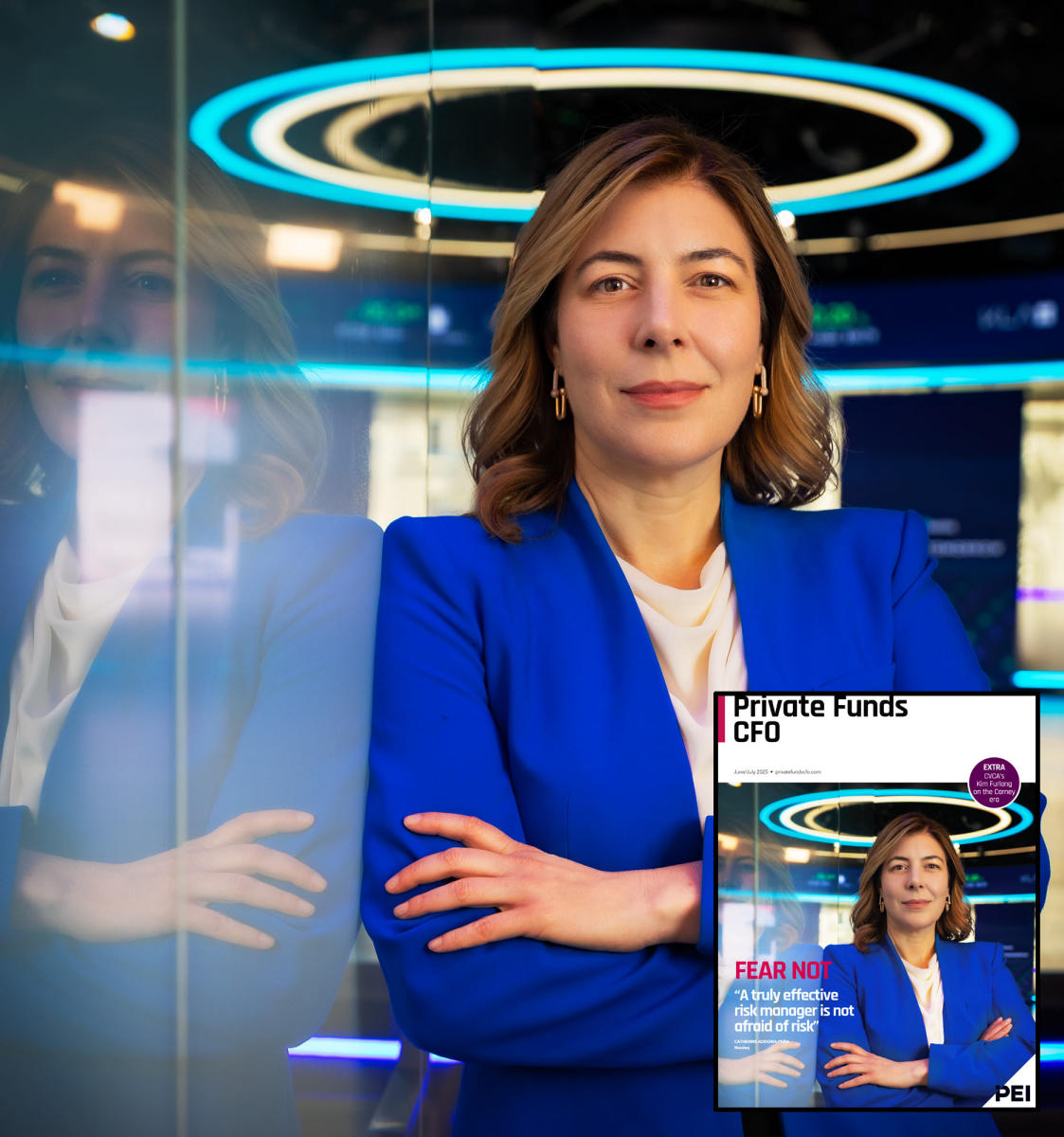 CEO Christine Addona Peña cover portrait photographed at the New York City NASDAQ for Private Funds CEO, PEI Media, London, England