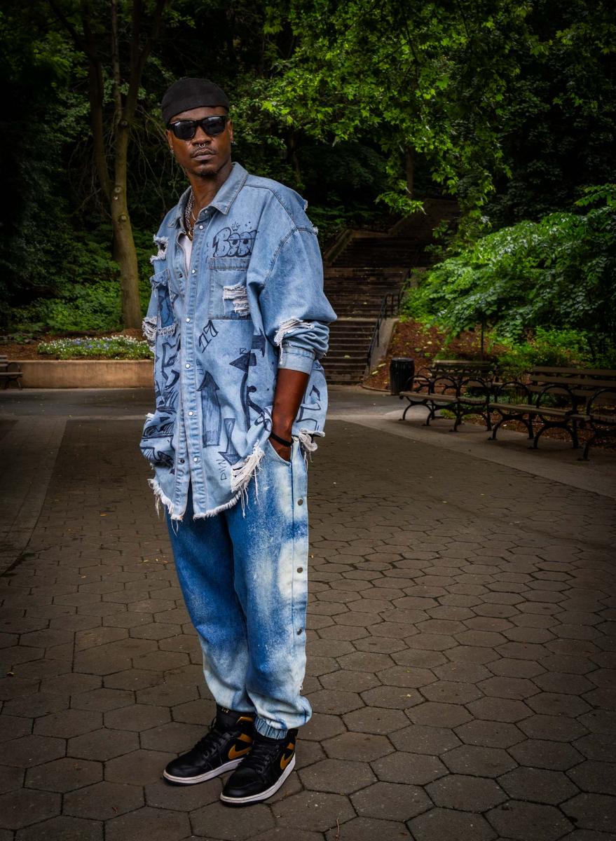 Xtian (Christian) Paige at the Jackie Robinson Park, New York City. At the Harlem park, various community pedestrians were photographed for the ReFashion Our Future produced by Susan Stair with sponsorship from the Howard Gilman Foundation, LMCC, NYC Cultural Affairs and the NYC Parks Dept.