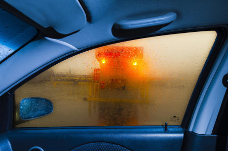 Shopping mall parking lot on a very rainy day.