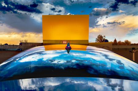 Auto America, drive-in movie theater Monte Vista, Colorado at sunset.