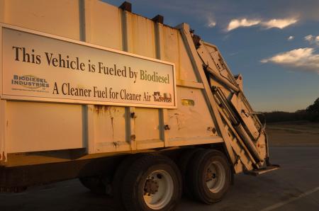 City sanitation truck utilizing biodiesel fuel. Reducing car omissions and helping the environment.