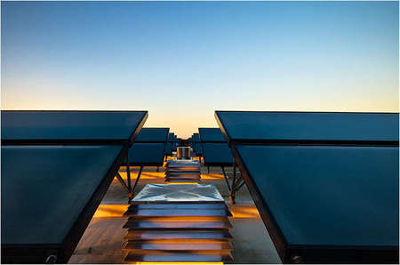 Proximity Hotel, Greensboro, North Carolina - state of the art GREEN hotel one of the first LEED certified in the USA with solar panels on the rooftop of the building supplying hot water to the entire hotel and restaurant