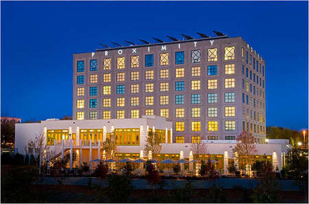 Proximity Hotel, Greensboro, North Carolina - state of the art GREEN hotel one of the first LEED certified in the USA with solar panels on the rooftop of the building supplying hot water to the entire hotel and restaurant